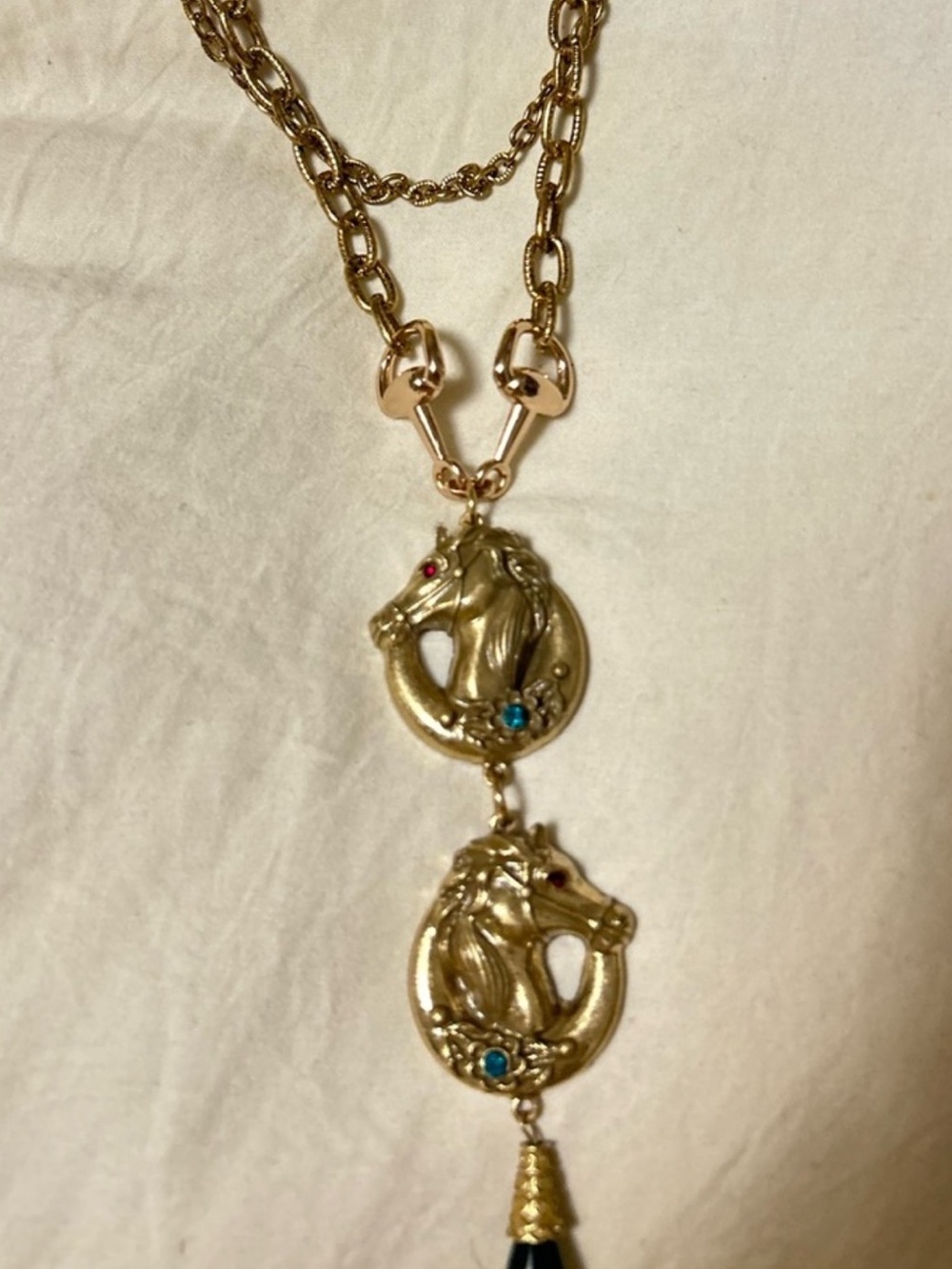 Gold Horse Medallion Layered Necklace with Black Teardrop